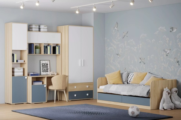 Детская комната Элиот композиция 6 белый фасадный, маренго, баунти песочный (собирается на любую сторону, спальное место 90 х 200)