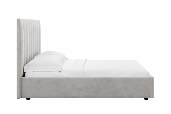 Спальня Дакота композиция 1 меренга, белый, с кроватью Ингрид/Ingrid 160 велюр ультра смог/ultra smoke, пуф Альба 450 велюр ультра смог/ultra smoke