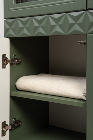 Гостиная Марион композиция 2 дымчатый зеленый K521, олива шагрень AG 1050 ПВХ, белый PE шагрень (собирается на любую сторону)