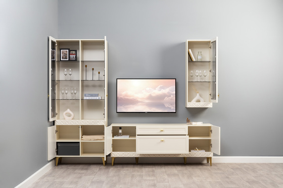 Гостиная Марион композиция 3 слоновая кость С341 PE, слоновая кость 6898 ПВХ, белый PE шагрень (собирается на любую сторону)