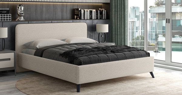 Кровать Миа 160 рогожка светло-бежевый, кант желтовато-коричневый с ортопедическим основанием и подъемным механизмом