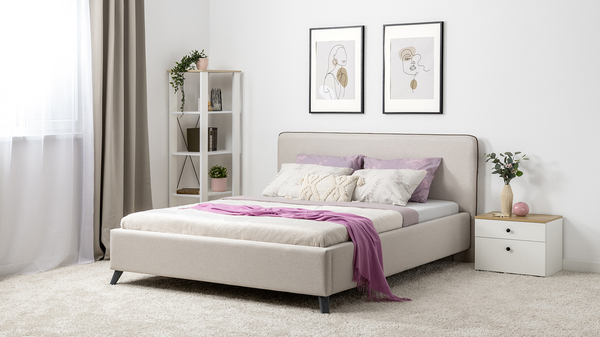 Кровать Миа 160 рогожка светло-бежевый, кант желтовато-коричневый с ортопедическим основанием и подъемным механизмом