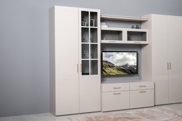 Гостиная Ричфорд композиция 1 без карнизов, кашемир 5981 BS, моно керамика D166-2 ПВХ, белый PE шагрень (собирается на любую сторону)